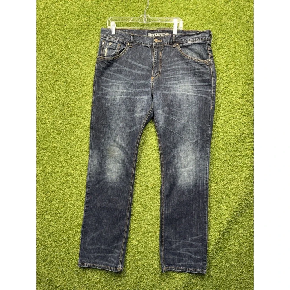 Affliction Ace Jeans Mens 38 Blue Dark Wash Straight Leg Distressed Denim